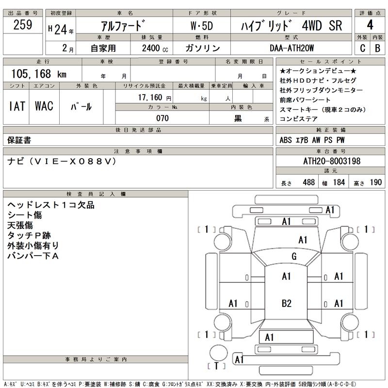 2012 Toyota Alphard Hybrid auction sheet