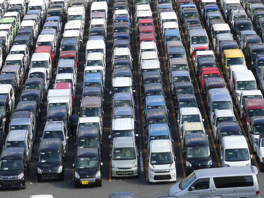 Kei cars in HAA Kobe Japanese car auction parking lot