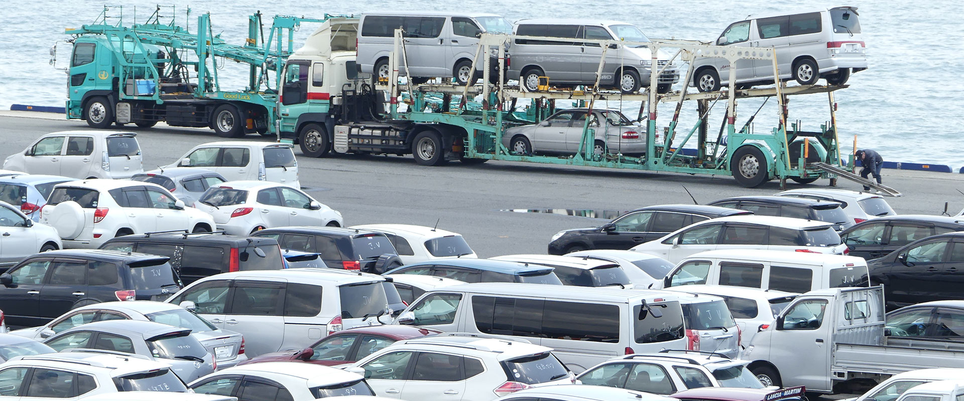 Car transporter truck at port in Japan